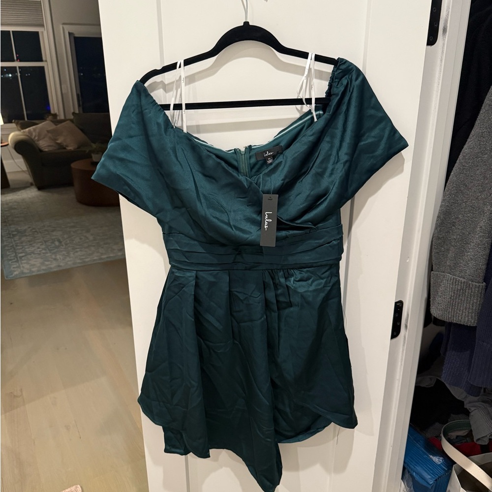 Lulus Always Celebrating Dark Green Satin Off-the-Shoulder Mini Dress